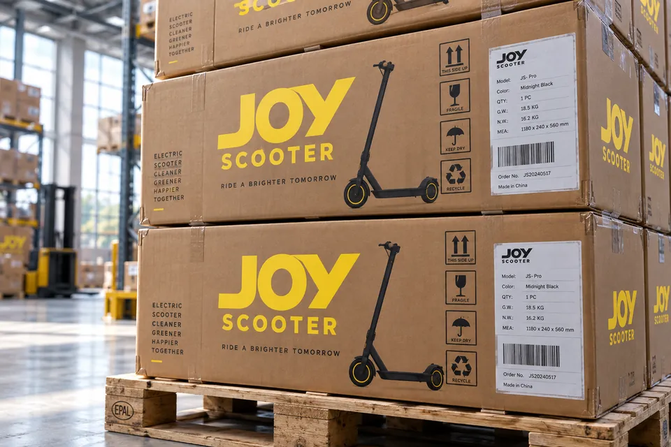 Caixas da Joy Scooter em palete, dentro do armazém
